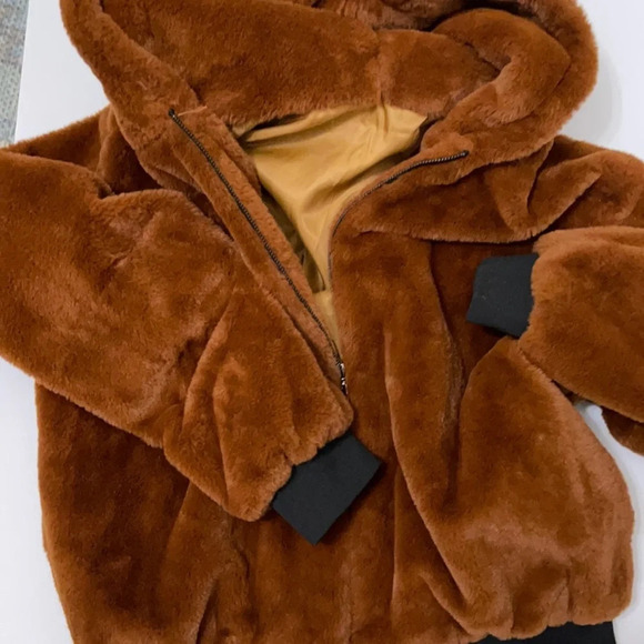 Odiva faux fur plush bomber jacket brown size M - Picture 3 of 16